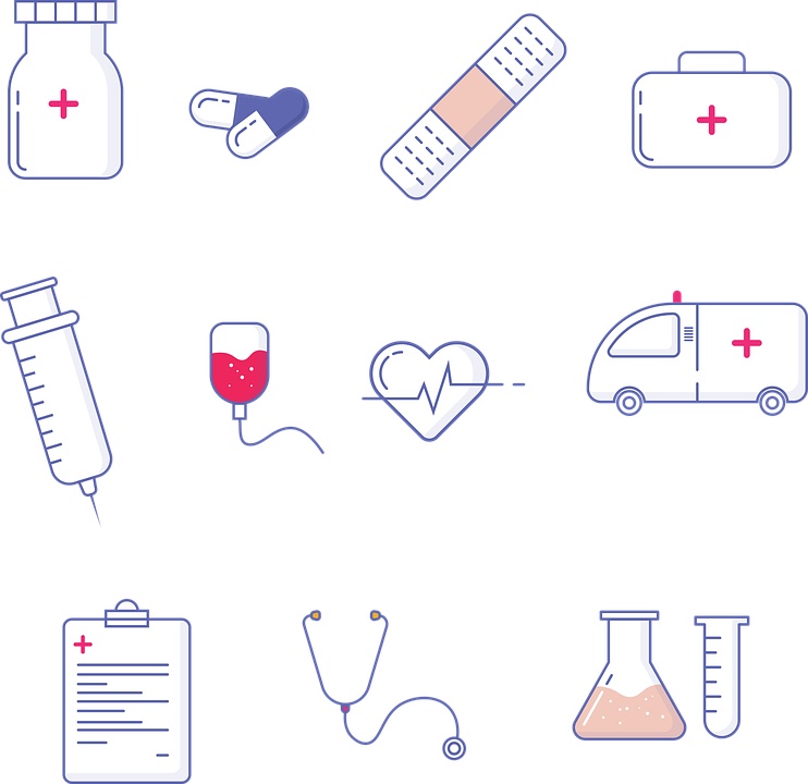 An animated graphic depicting various medical tools and equipment